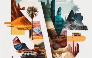 Collage of iconic travel destinations combined with graphic design elements like logos and color palettes.